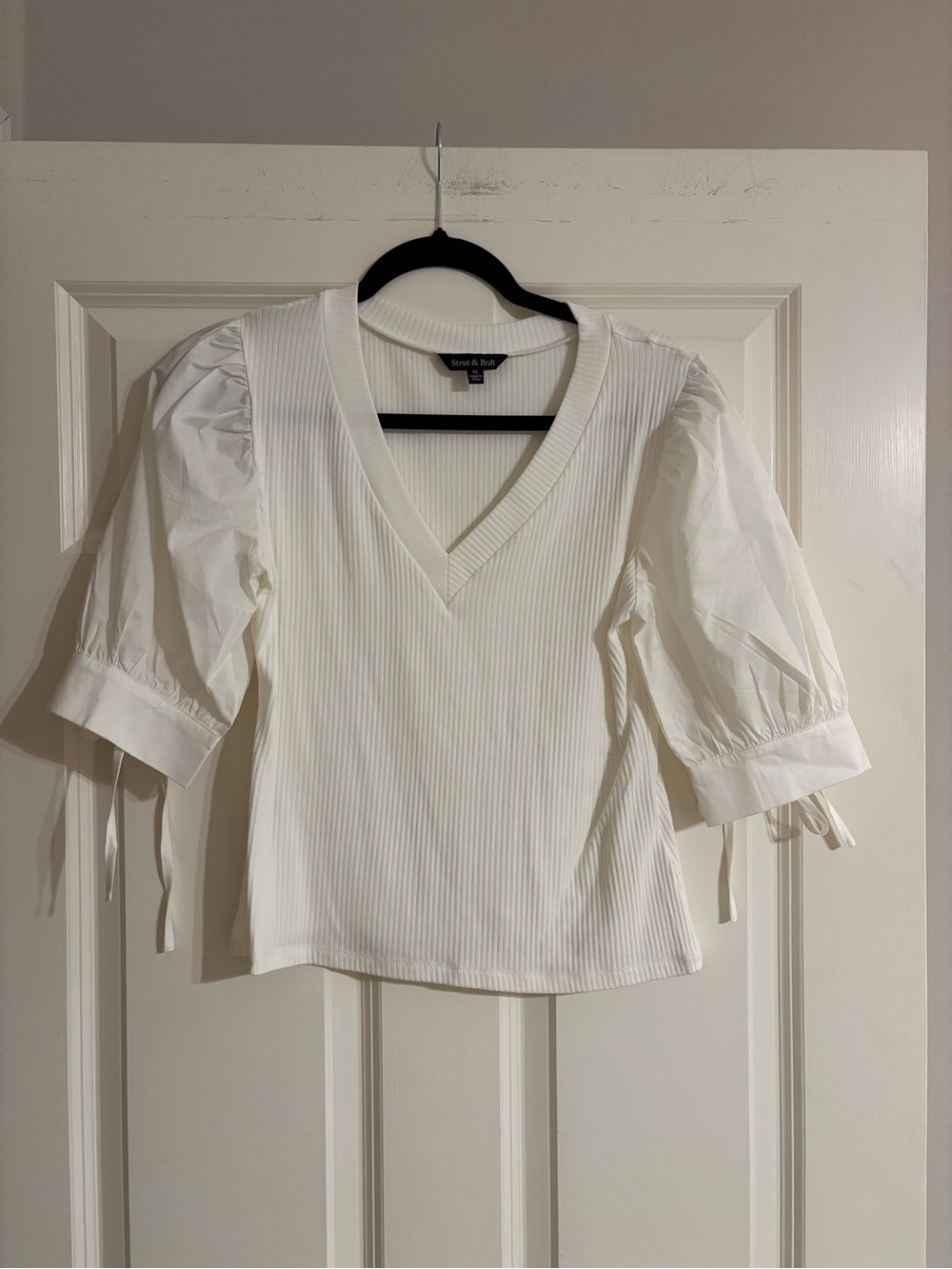 Strut & Bolt V-Neck Ribbed Blouse with Puff Tie Sleeves - White